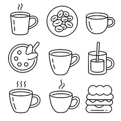 Coffee shop icons vector illustration: coffee beans, cups, breakfast, and dessert line art design