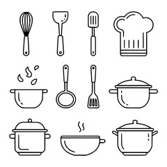 Kitchen utensils vector icon set, cooking tools and equipment, chef hat, pots and pans line art design