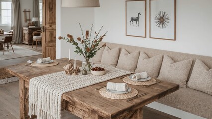 Elegant scandinavian interior design dining room setting with wooden table and natural decor details