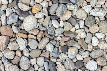 Color small stone texture background, ground stone washed floor, Multi-colored stones in detail. Pebble beach by the sea and lake