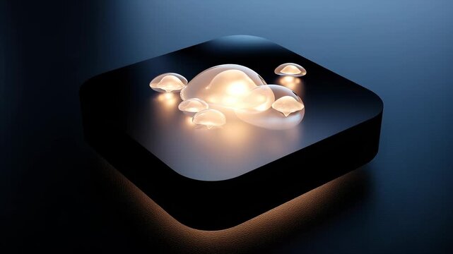 3D app icon with glowing transparent bubbles on black square base on dark background