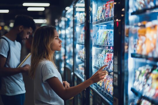 A young woman thoughtfully selects a snack from a brightly lit vending machine while a friend waits nearby in a casual setting