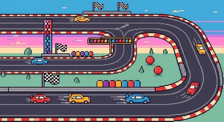 Pixel art racing track with cars in motion.