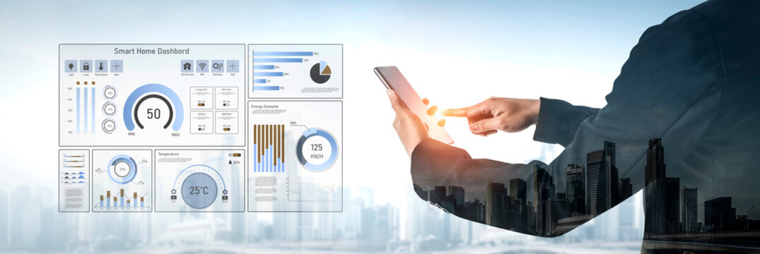 Smart home dashboard manages IoT system. Smart home dashboard controls temperature, dashboard tracks energy, smart home handles devices, and smart home dashboard monitors data. Vouch