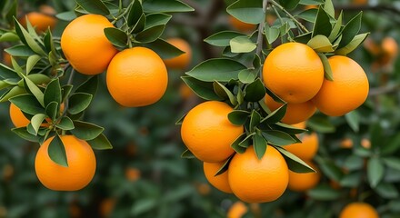 Ripe oranges hanging from branches.