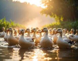 Flock of white ducks in a sunny morning stream