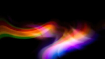 Blurred rainbow refraction overlay effect. Light lens prism effect on black background. Holographic reflection, crystal flare leak shadow overlay. Colorful rainbow disco ball light