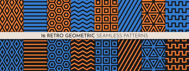 Retro geometric seamless pattern set. Abstract backgrounds with lines, triangles, squares, hexagons, diamonds.