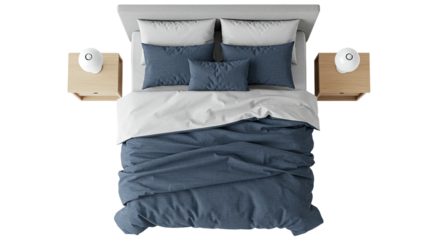 overhead view bedroom, minimal double bed with blue and gray pillows wooden nightstands and blanket ideal for modern decor and product scene mockups