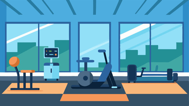 Fitness Room A spacious fitness area filled with stateoftheart exercise machines virtual trainers on screens and natural light streaming through large windows.