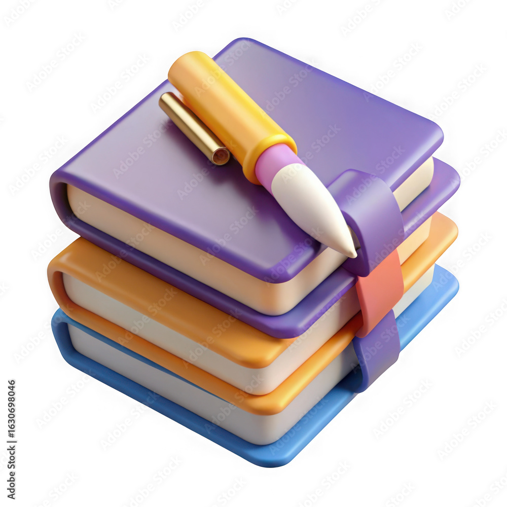 Poster stack of books with a pen isolated on transparent background
