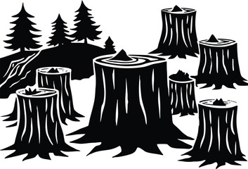 Silhouette of tree stumps in clear cut area / Deforestation destruction view
