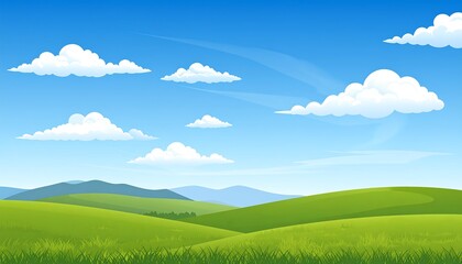 Obraz premium Green hills, blue sky, fluffy clouds