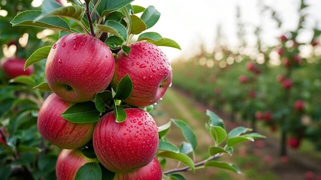 Red apples on a tree in an orchard