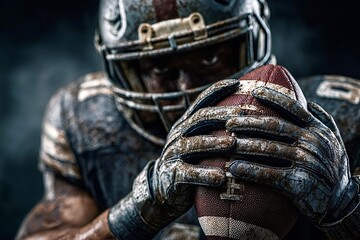 Fototapeta premium American football player holding ball with dirty uniform and helmet