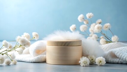 Soft white cotton balls and fluffy plant stems surround a wooden cosmetic jar
