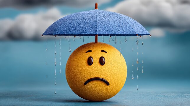 A sad face with an umbrella on top of it. The umbrella is blue and has water dripping from it. Scene is one of sadness and despair