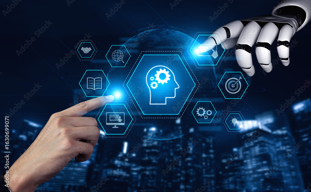 Poster ai or human-driven skill acquisition and training with icons of knowledge, goals, task management, a