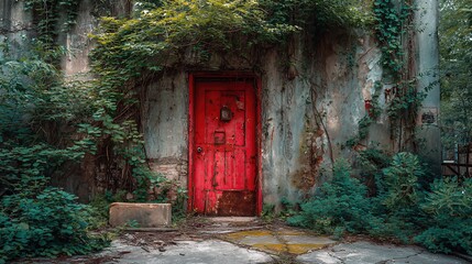 Rusty red metal door set in a crumbling concrete facade, overtaken by vines and nature reclaiming a forgotten industrial space.