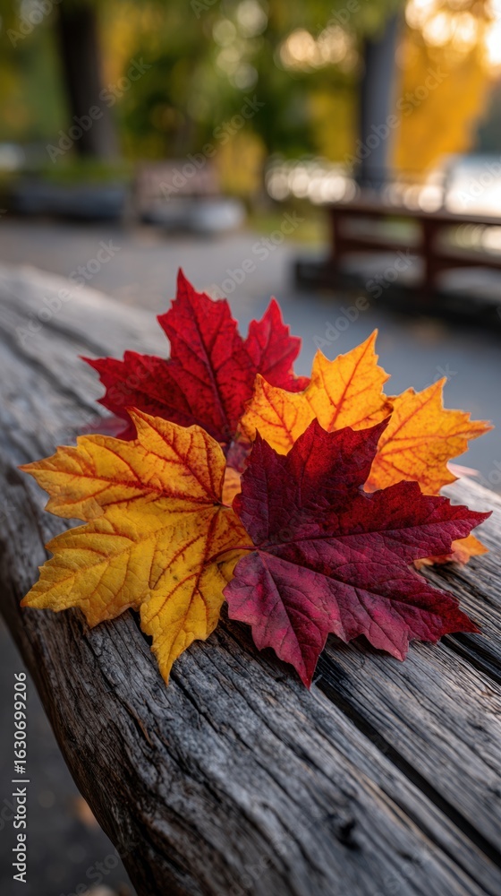 Poster a vibrant autumn display of multi-colored maple leaves adorns a rustic wooden bench. their intricate