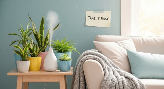 Interior shot of plants and a humidifier on a table next to a couch with a take it easy note on wall
