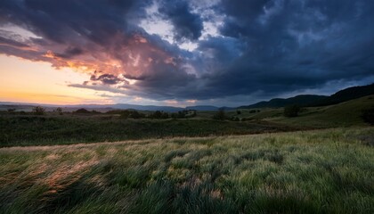 Obraz premium a dramatic sky over a grassy landscape at dusk capturing the beauty of nature