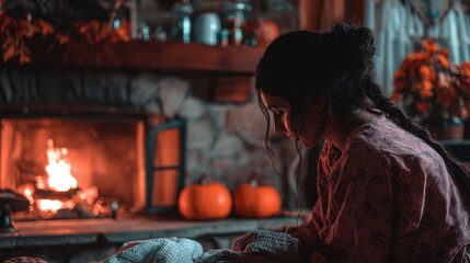 Obraz premium A woman finds solace and warmth near a fireplace, the crackling flames casting dancing shadows, embracing the autumn season, rustic interior.