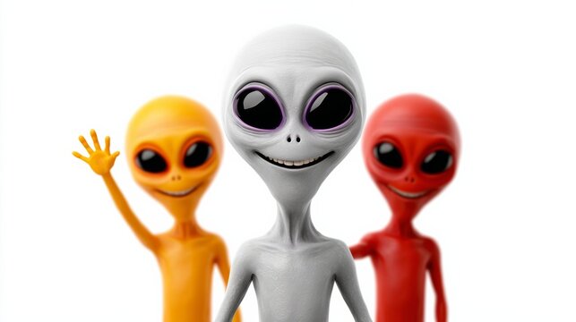 Three aliens with different colored heads are standing next to each other. One of them is smiling and waving