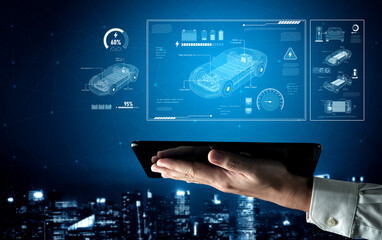 Technical layout of electric vehicle showing battery system, power control, traction motor,...