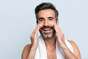 Smiling Man Applying Cream During Skincare Routine