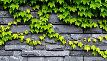 Green ivy on dark gray stone wall