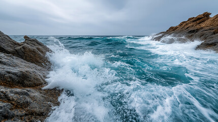 Powerful ocean waves crashing against a rugged rocky coastline under cloudy sky
