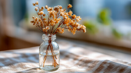 Dried flowers in transparent glass bottle on sunlit table indoors