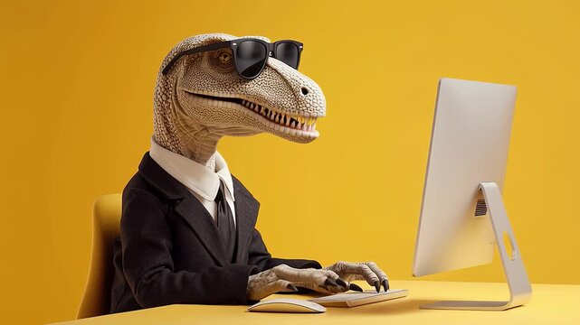 Velociraptor businessman working on computer with yellow background
