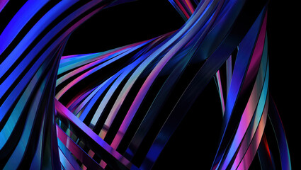 Abstract 3D background with mother-of-pearl metal plates in a complex geometric pattern in a three-dimensional composition with blue and purple colors with different shades and iridescent effects.