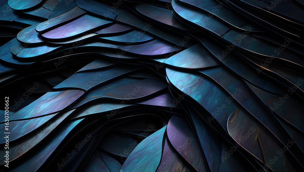 Poster abstract 3d background with mother-of-pearl metal plates in a complex geometric pattern in a three-d