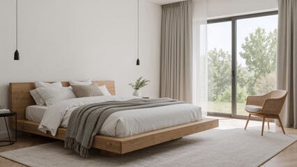 Serene and minimalist bedroom interior featuring a modern wooden bed and elegant design elements perfect for relaxation and comfortable living