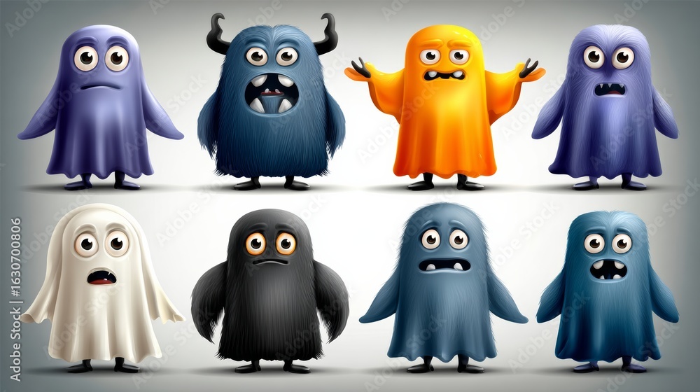 Poster a set of eight creepy monsters with different colors and expressions. the monsters are all standing 
