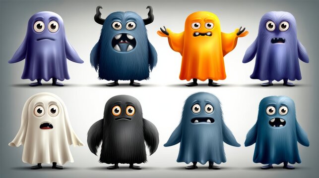 A set of eight creepy monsters with different colors and expressions. The monsters are all standing in a row, with some looking sad and others looking angry. Scene is eerie and unsettling