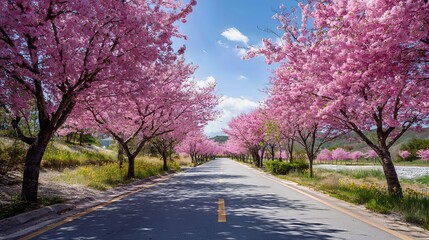 Fototapeta premium A serene road stretches into the distance, bordered by cherry trees in full bloom and vibrant grass, glowing beneath a crisp spring sky. 