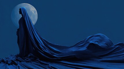 This ethereal composition shows a woman cloaked in midnight hues blending seamlessly into the night sky beneath a celestial blue moon.
