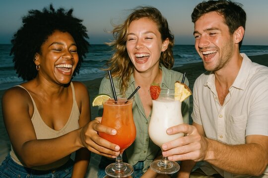 Friends enjoying beach cocktails.