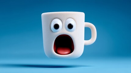 A cartoon cup with wide open eyes and a mouth wide open. The cup is floating in the air and he is in shock