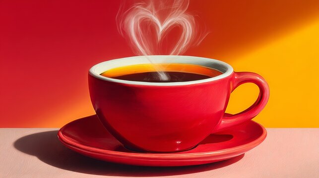 A red coffee cup with steam rising from it and a heart shape on top. Concept of warmth and comfort, as well as a romantic or intimate atmosphere