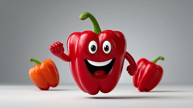 A cartoon pepper is smiling and jumping in the air. The other two peppers are behind it. The image has a playful and lighthearted mood