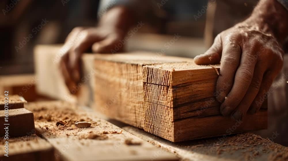 Aufkleber a man is working on a piece of wood, using his hands to shape it. concept of craftsmanship and dedic