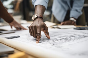 Hands engaged in a collaborative discussion over detailed architectural blueprints showcasing teamwork and creativity