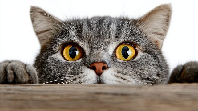 A cat with yellow eyes is looking at the camera. The cat is looking at the camera with a curious expression