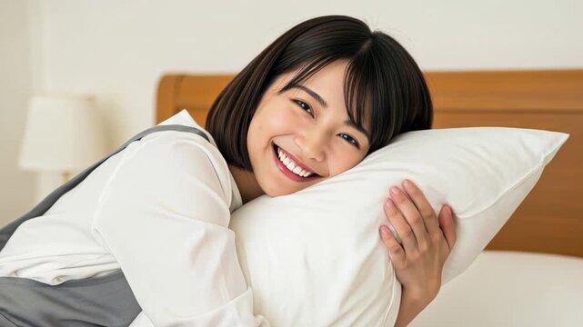 ベッドの上で枕を抱きしめて優しく微笑む若い家政婦