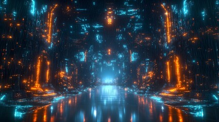 Digital neon city corridor with reflective surface.